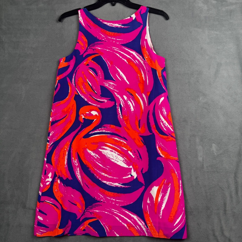 Lilly Pulitzer Silk Flamingo Print Shift Dress Pink Orange Navy Blue XS - Picture 8 of 8